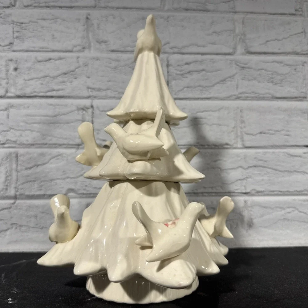 Vintage MCM Ceramic Christmas Tree White With Dove Candlestick Holders 9.5